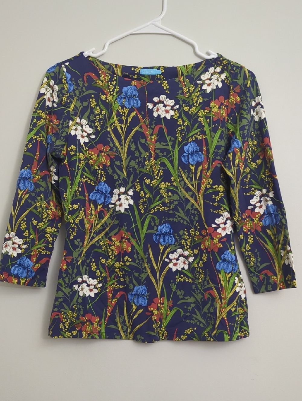 J. McLaughlin Navy Floral Three-Quarter Sleeve Top